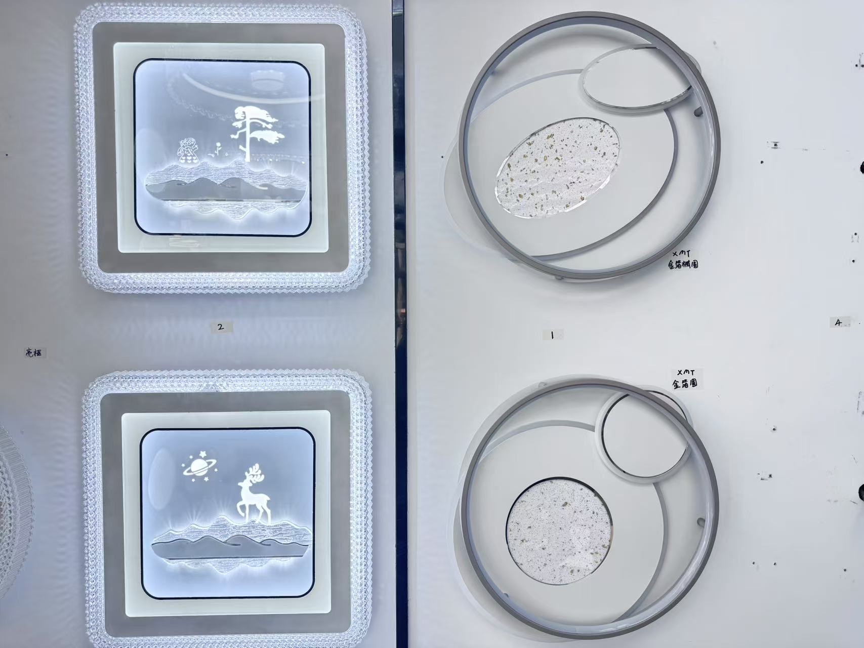 Ceiling-light materials and illuminated surfaces displayed in the Guzhen showroom