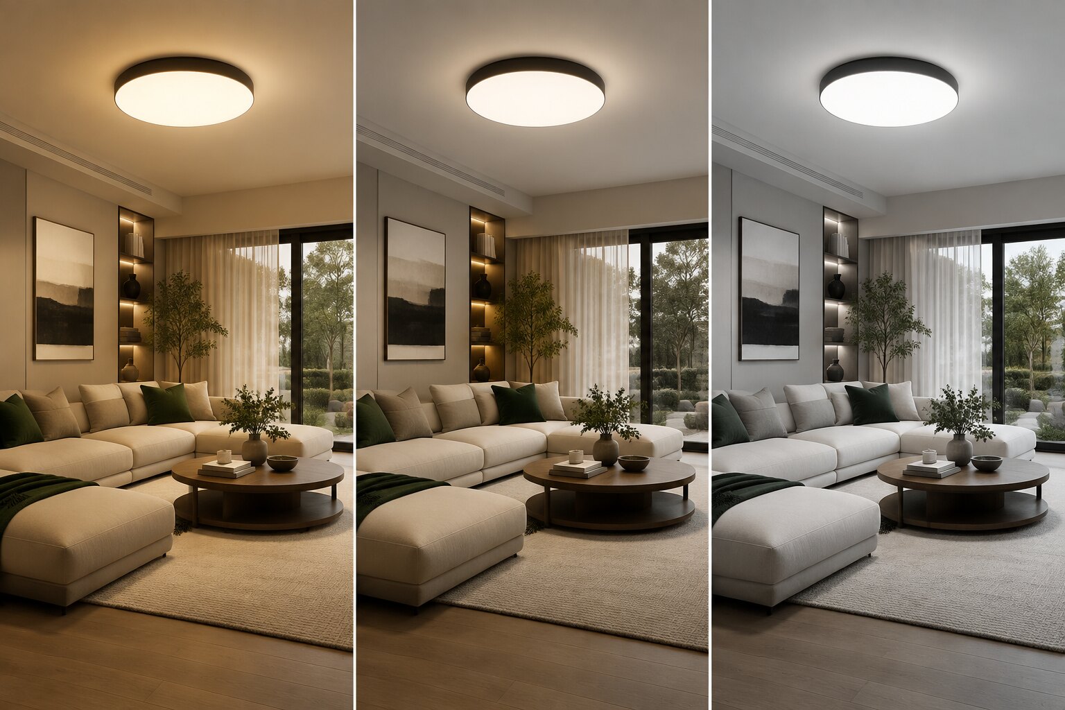 Illustrative comparison of the same room under warm, neutral and cool ceiling light