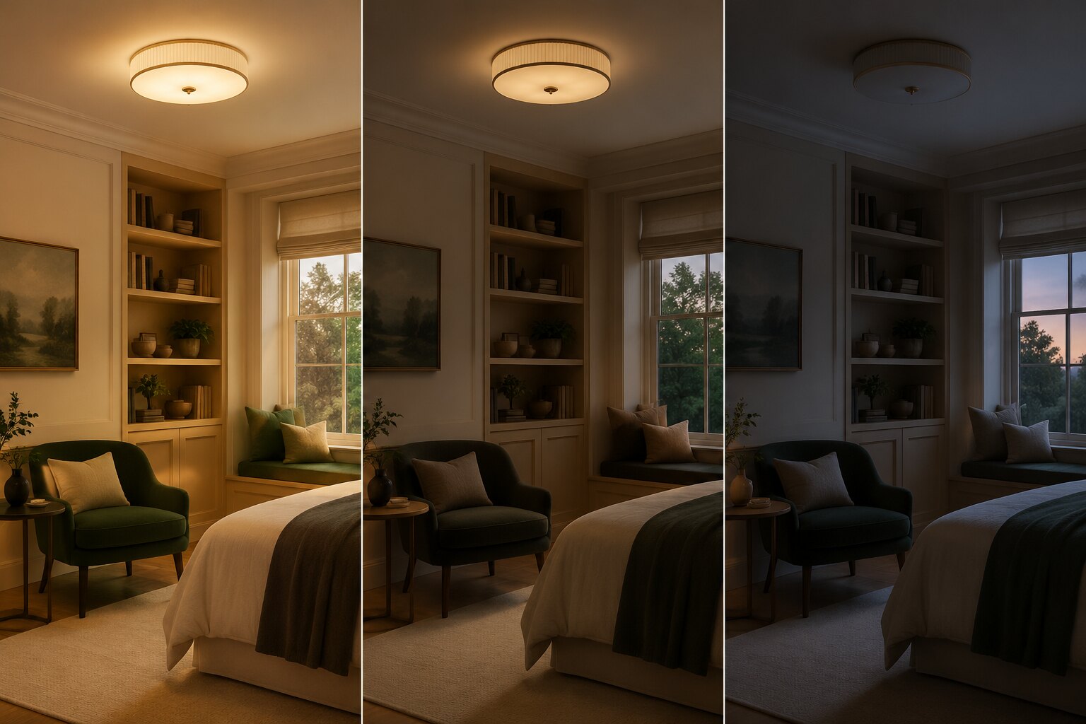 Illustrative side-by-side room comparison at full, dimmed and zero light output